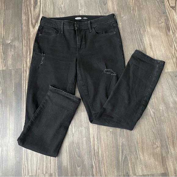 Old Navy Black Distressed Power Slim Straight Mid Rise Jeans - Picture 2 of 13
